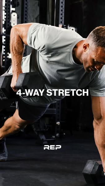 This ad features a muscular man in a gym performing a four-way stretch with dumbbells. The focus is on demonstrating the