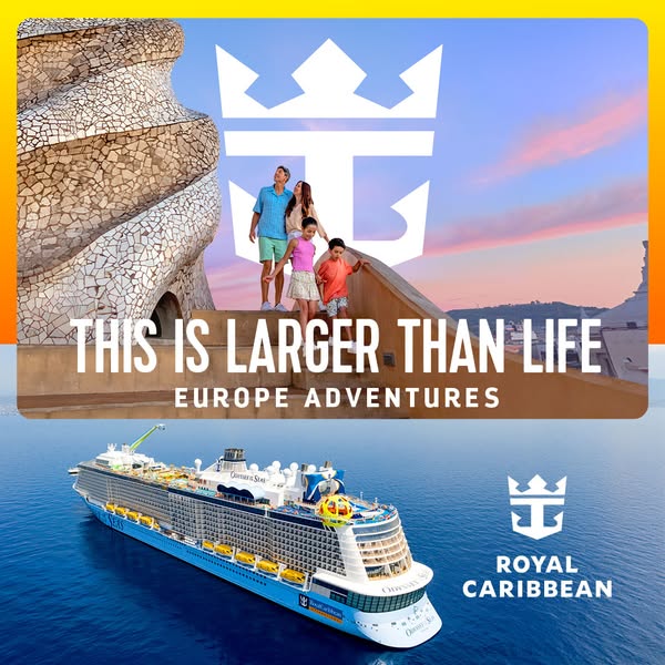 This image ad for Royal Caribbean features a family on vacation in Europe above a cruise ship on the water. The ad uses 