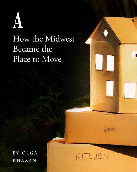 This ad promotes a book titled, "How the Midwest Became the Place to Move" by Olga Khazan. The image shows car