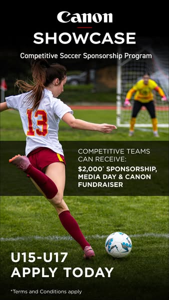 This ad promotes the Canon Showcase Competitive Soccer Sponsorship Program. It features a young female soccer player in 