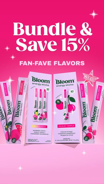 This ad promotes Bloom energy sticks, highlighting a bundle offer with 15% off and showcasing their popular flavors. The