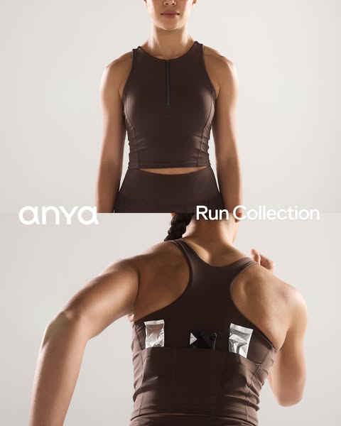 An ad for the Anya Run Collection athletic top that shows two angles of the same model wearing the top. The top view is 