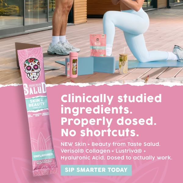 This ad promotes Salud Skin + Beauty collagen drink mix as a way to improve skin by using clinically studied ingredients