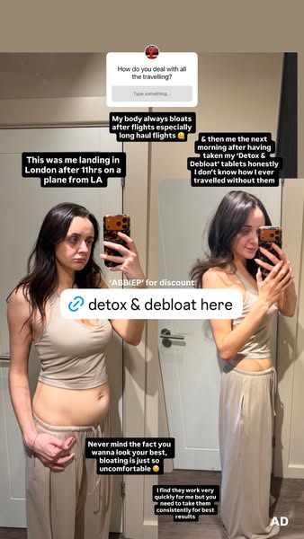 The ad demonstrates the impact of bloating on the appearance of a woman after a long flight, and suggests a product-base