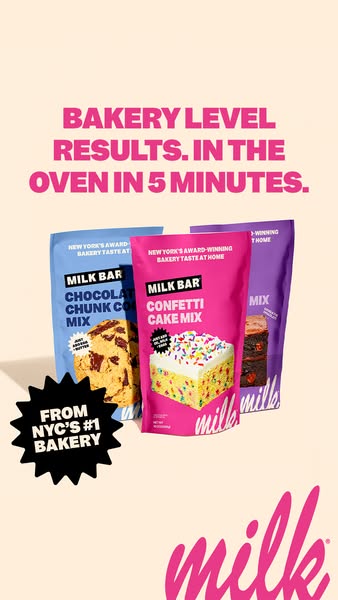 This image ad for Milk Bar promotes their cake mixes, promising bakery-level results in just 5 minutes. The ad features 