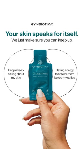 This ad is for Cymbiotika Liposomal Glutathione. It features a hand holding the teal single-serve packet with testimonia