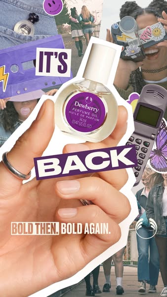 This ad features Dewberry Perfume Oil. The ad uses a collage aesthetic to convey the feeling of nostalgia. The headline 