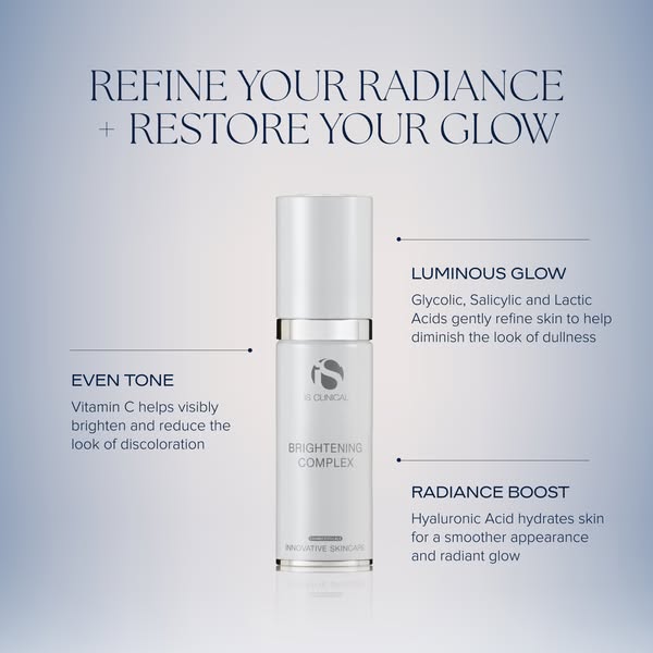 This ad showcases iS Clinical's Brightening Complex serum. The ad emphasizes that the product helps to refine radian