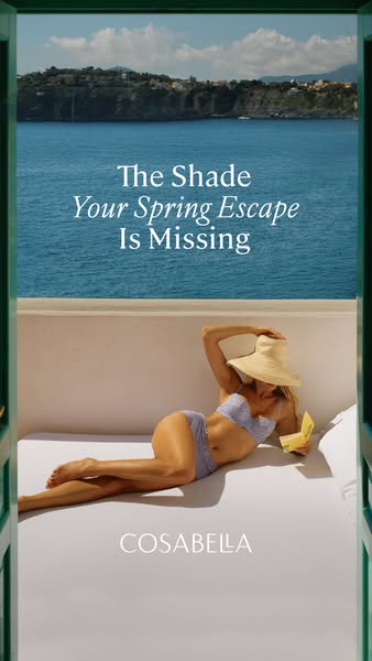 This image ad showcases a woman relaxing in a bikini on a lounge chair or bed near a body of water, promoting the brand 