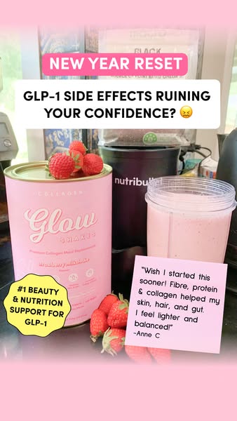 The ad highlights Glow Shakes as a nutritional support option for people experiencing side effects from GLP-1 medication