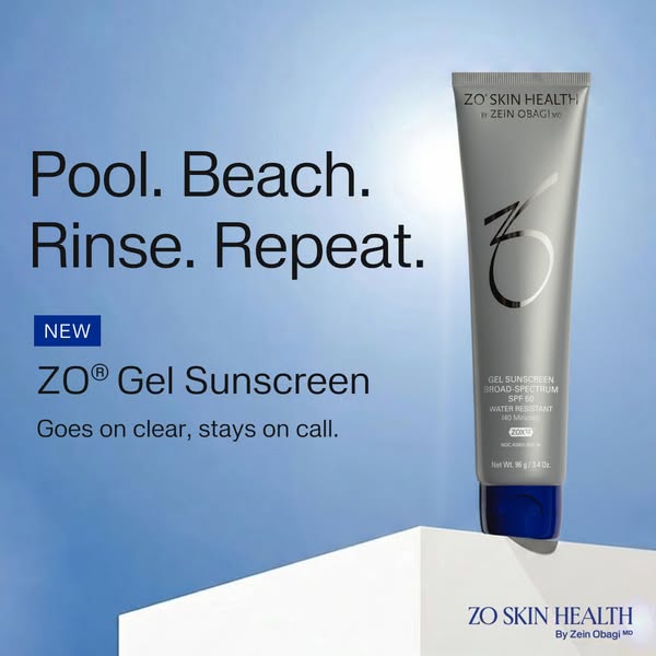 This ad for ZO® Gel Sunscreen features a simple and visually clean aesthetic to highlight the product's benefits and