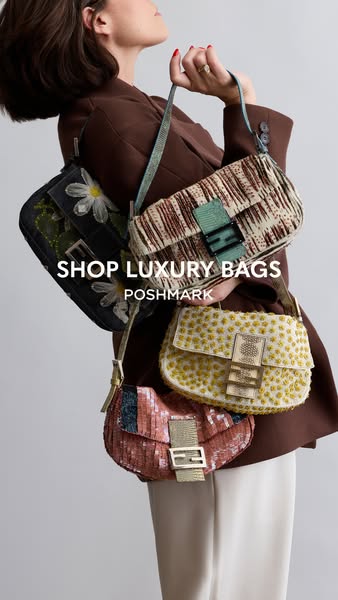 This ad promotes the purchase of luxury handbags through Poshmark. The ad features a person holding a stack of luxury ha