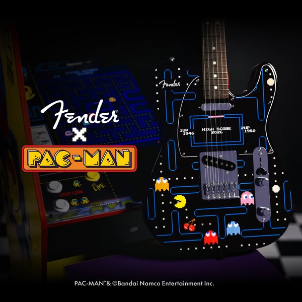 This image is an advertisement for a Fender guitar with a Pac-Man theme. The guitar and a Pac-Man arcade game are pictur