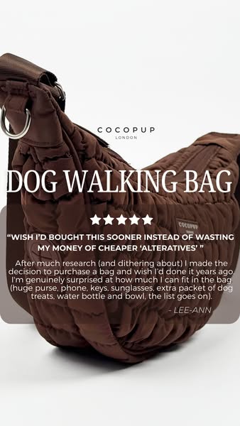 This ad features a brown dog walking bag from Cocopup London. The ad includes a customer testimonial about the bag's