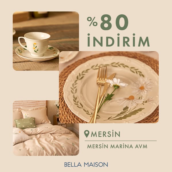 The Bella Maison ad showcases its homeware products, including dining ware and bedding, with an offer of 80% off at the 