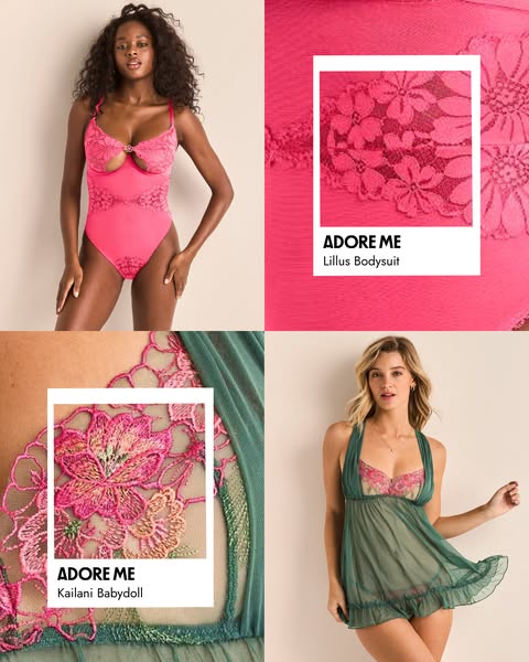 A product collage ad showcasing the Adore Me brand and a selection of their lingerie.