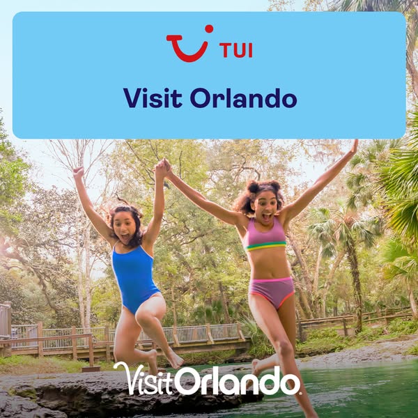 This ad for TUI promotes Orlando as a vacation destination and features two children jumping in a swimming hole and the 