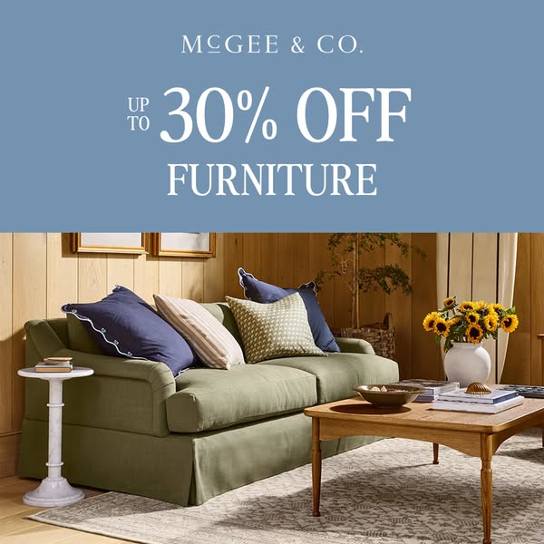 This ad promotes McGee & Co. furniture with a sale of up to 30% off. The ad features a styled living room with a gre