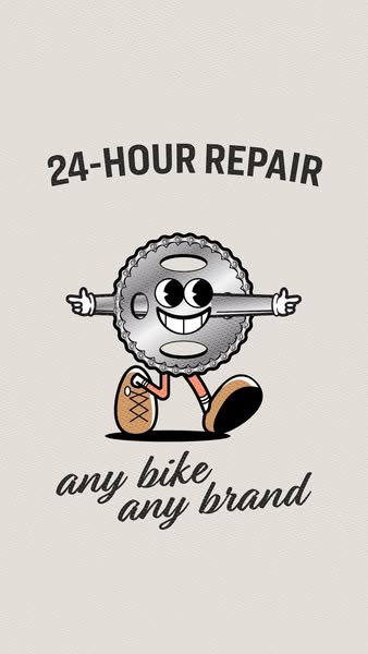 This ad features a cartoon mascot made of a bike chainring advertising 24-hour bike repair services for any bike brand.