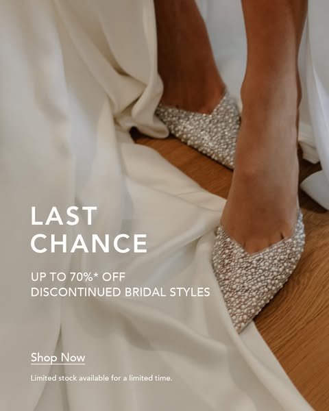 This image ad promotes discounted bridal styles, specifically highlighting embellished shoes, with a call to action to s