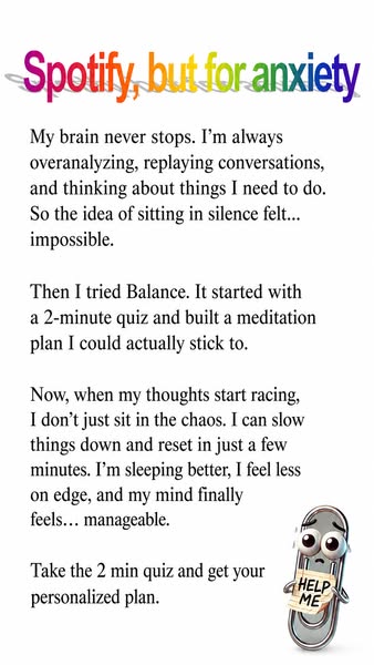 The ad shows an image with long-form text, written from the perspective of a user who has a difficult time meditating, b
