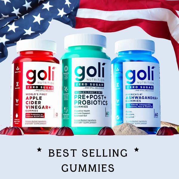 This ad showcases three different types of Goli gummies: Apple Cider Vinegar, Pre+Post+Probiotics, and Ashwagandha. The 
