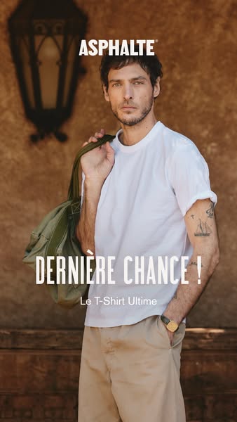 This ad features a male model wearing a white t-shirt with a shoulder bag thrown over his shoulder and khaki pants. The 