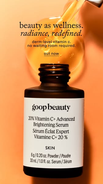 The image ad showcases Goop Beauty's 20% Vitamin C+ Advanced Brightening Serum. It emphasizes the product's abil