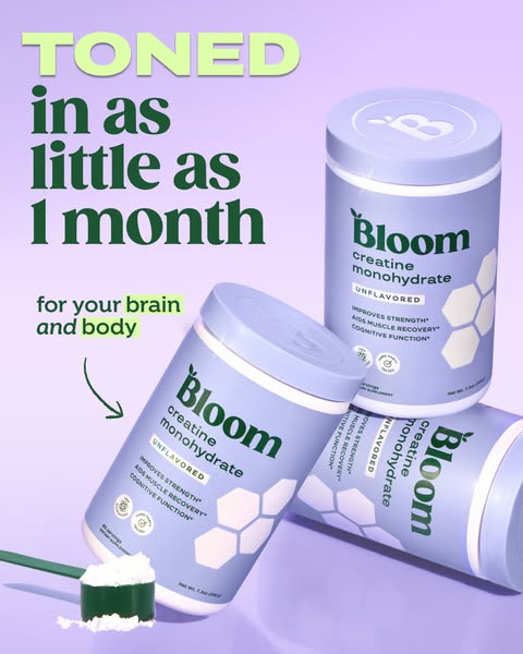 This ad features three containers of Bloom creatine monohydrate powder stacked and positioned on a violet surface. The t