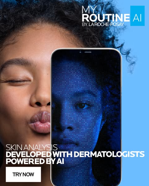 This ad promotes the My Routine AI skin analysis tool by La Roche-Posay, emphasizing dermatologist development and AI po