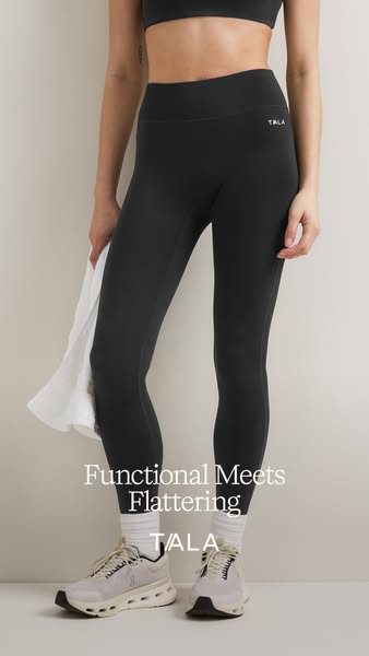 This ad highlights TALA activewear, specifically leggings, through a combination of functional and flattering design. Th