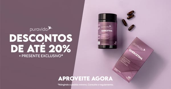This ad promotes Puravida's Quercetina supplement with a discount of up to 20% and an exclusive gift. It features th