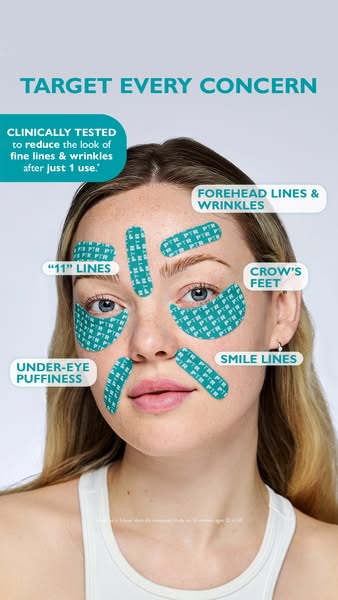 An image ad for Peter Thomas Roth PTR patches shows a woman with patches applied to several areas of her face. Bubbles w