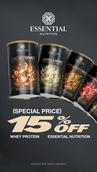 This ad is for Essential Nutrition Whey Protein. It features four variations of the product, each shown in its respectiv