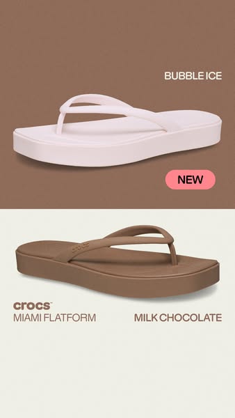 This image ad showcases Crocs Miami Flatform sandals in two different colors, Bubble Ice and Milk Chocolate.