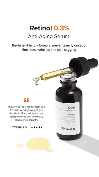 This image ad promotes Minimalist's 0.3% Retinol Anti-Aging Serum, emphasizing its beginner-friendly formula and eff