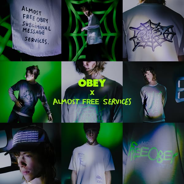 This image ad showcases different graphic t-shirts and long-sleeved shirts from the brand OBEY, as part of a collaborati