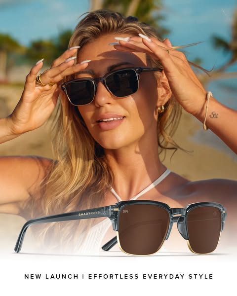 A woman wearing Shady Rays sunglasses is shown on a tropical beach. The glasses are also displayed in the foreground.