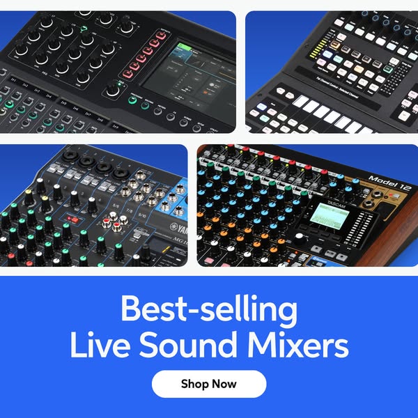 This image ad for live sound mixers uses product-focused visuals and a clear call to action to drive sales.