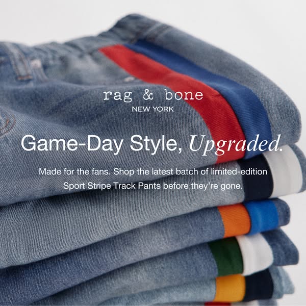 This ad features a stack of Rag & Bone track pants, emphasizing a limited-edition collection designed for fans and g