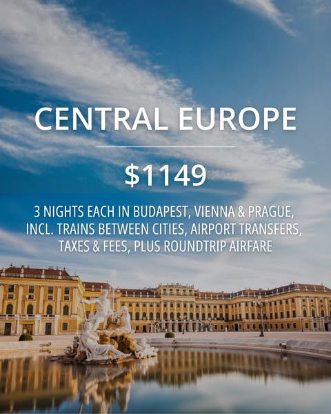 This ad promotes a trip to Central Europe that includes travel to Budapest, Vienna, and Prague. The ad emphasizes the lo