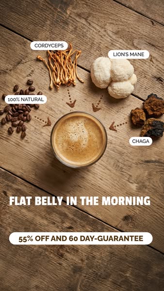 This image ad promotes a coffee product designed to promote a flat belly in the morning. It highlights the key natural i