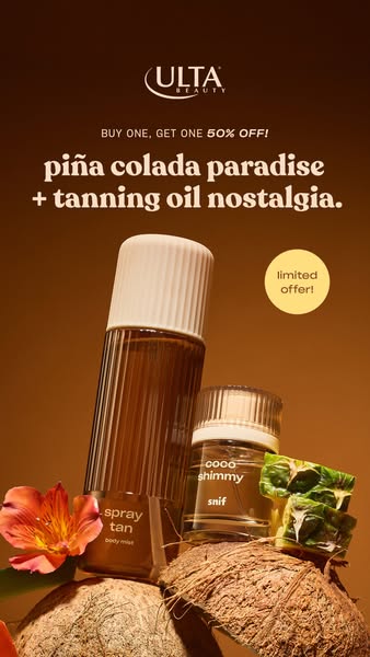 An advertisement for Ulta Beauty's coco shimmy snif and spray tan body mist. The ad focuses on the summertime feelin