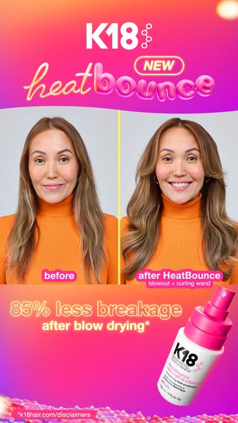This ad showcases K18's Heatbounce product, highlighting its ability to reduce hair breakage after blow-drying. The 