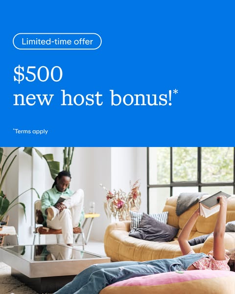 This ad promotes a limited-time offer of a $500 new host bonus for Airbnb. It features a blue background at the top with