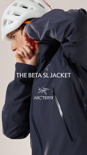 This ad features a close-up shot of a person wearing the Arc'teryx Beta SL Jacket. The ad focuses on the jacket'