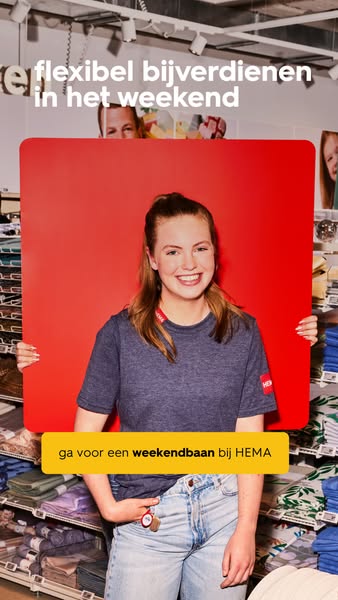 An image ad promoting weekend job opportunities at HEMA, featuring a smiling employee holding a red backdrop with job-re