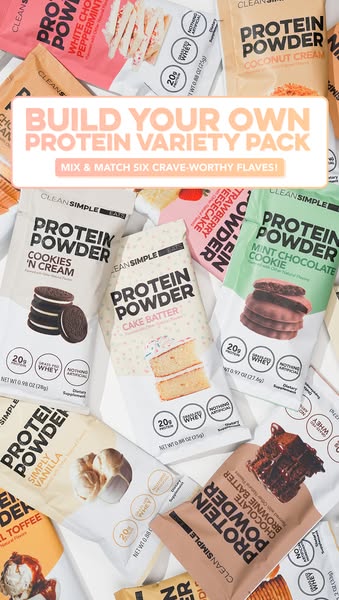 This ad promotes a protein powder brand's 'build your own variety pack' offering. The image shows multiple b