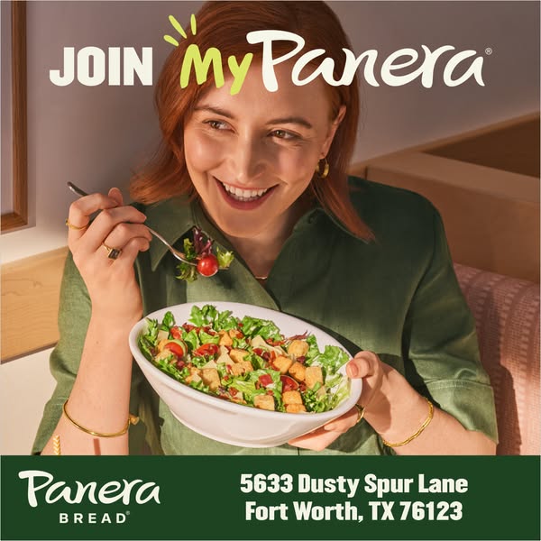 This image ad for Panera Bread features a woman eating a salad and encourages viewers to join MyPanera rewards program.