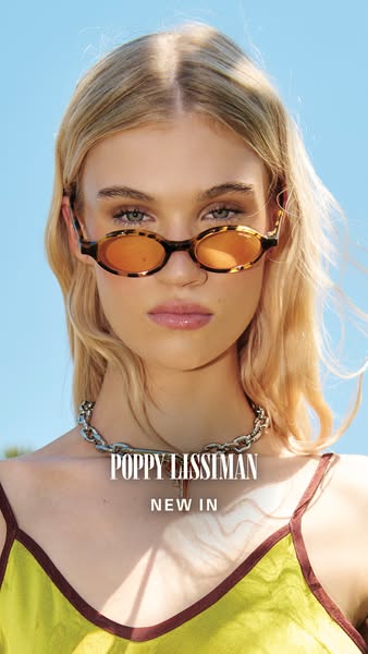 This ad features a close-up shot of a model wearing sunglasses, with the brand name and 'New In' text overlaid.